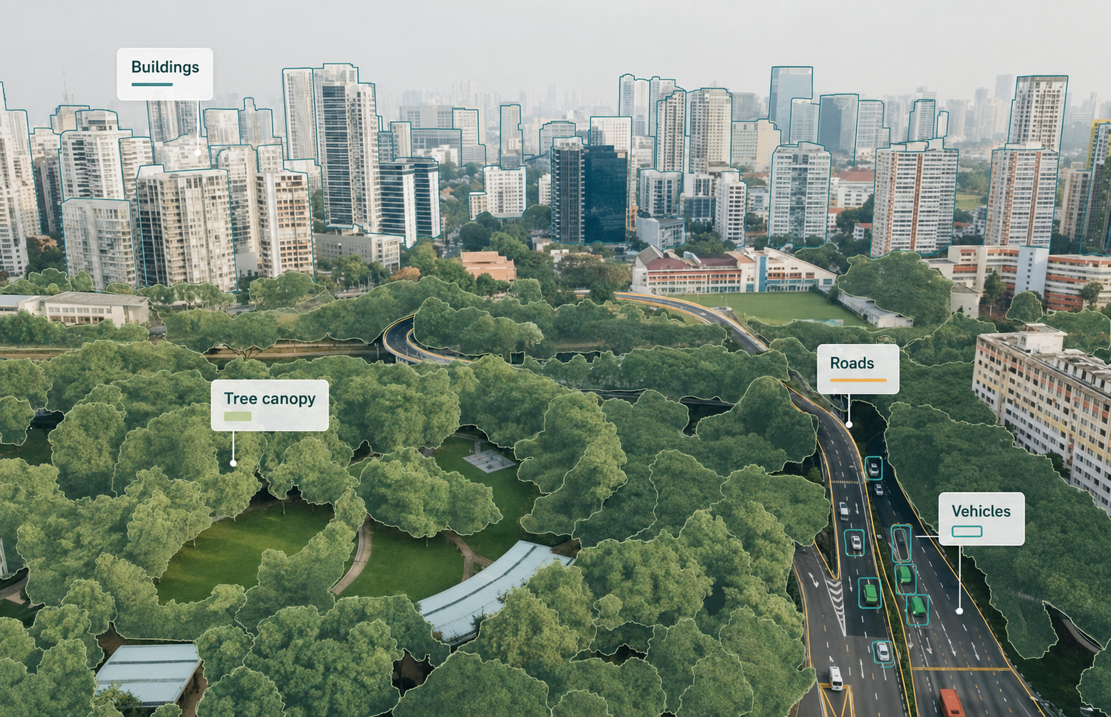 Aerial urban image with restrained overlays identifying buildings, streets, vehicles and tree canopy