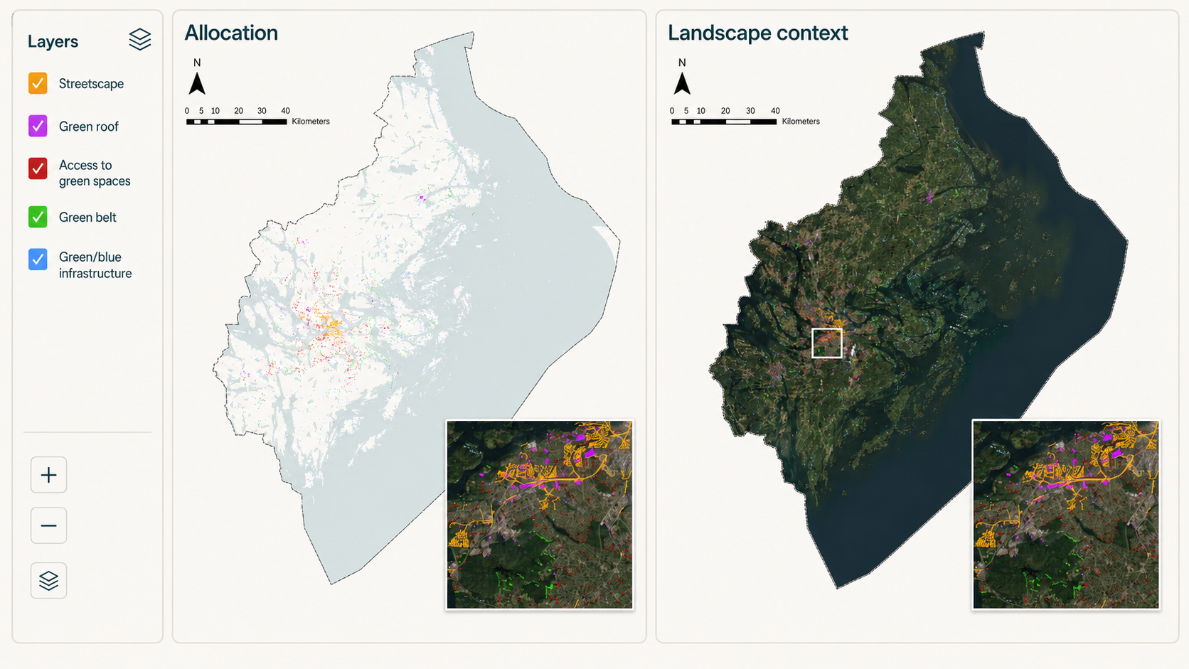 Concept interface comparing the spatial allocation of nature-based solutions