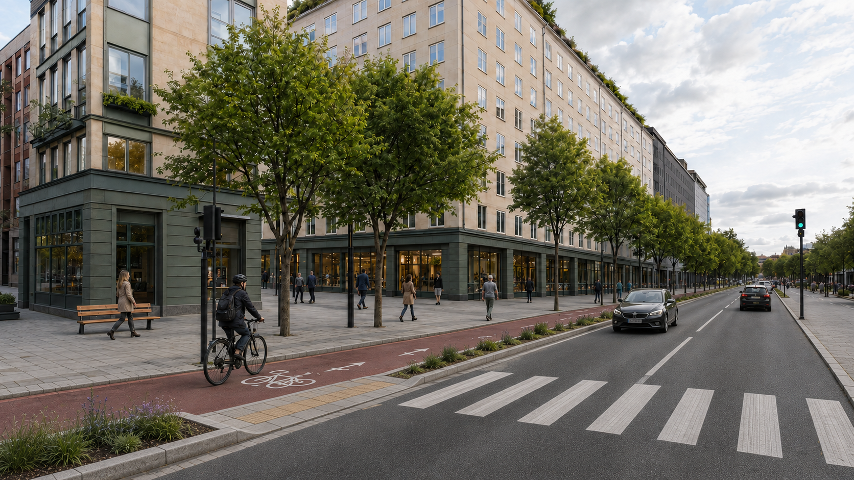 Illustrative coordinated streetscape with planting, shade, active mobility and public space