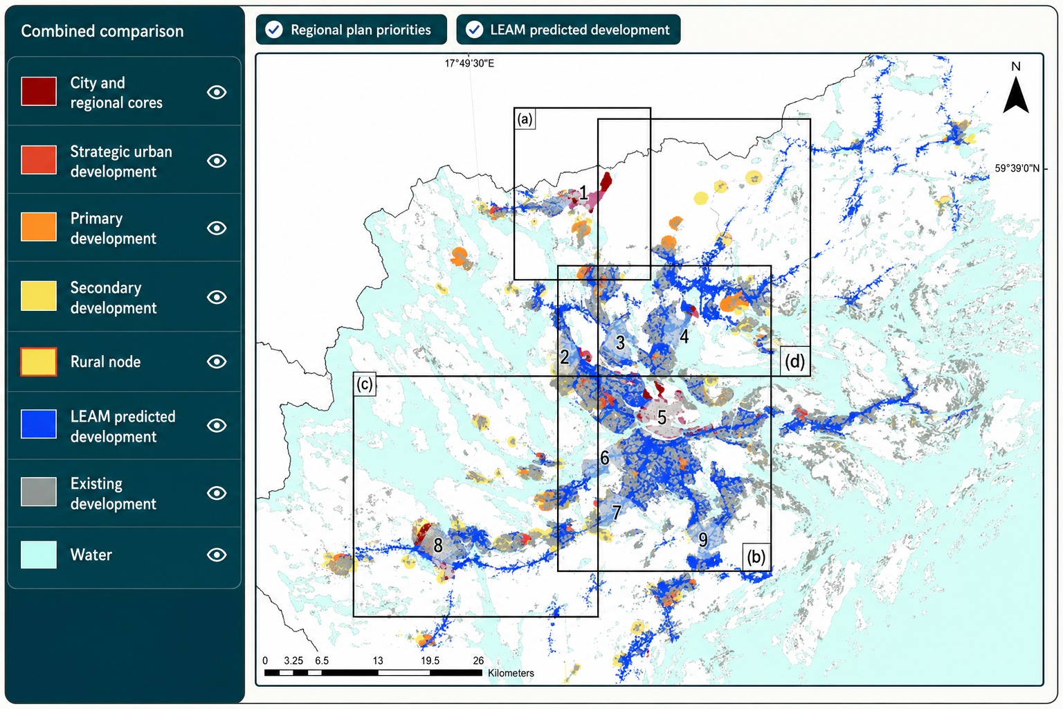 Comparison of simulated urban development with regional planning priorities