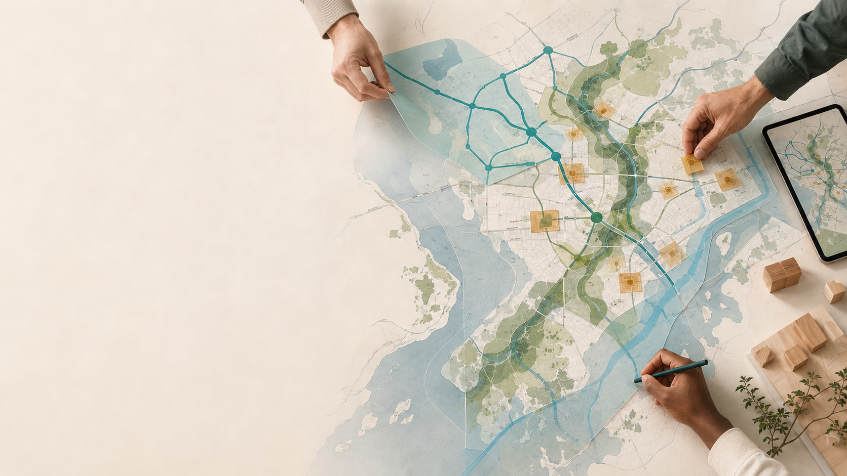 Illustrative stakeholder workshop focused on hands and map annotations
